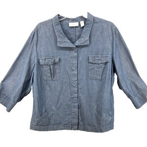 Chico's Jacket‎ Sz 3X 16 Blue Chambray Cotton Button Front Lightweight Pockets